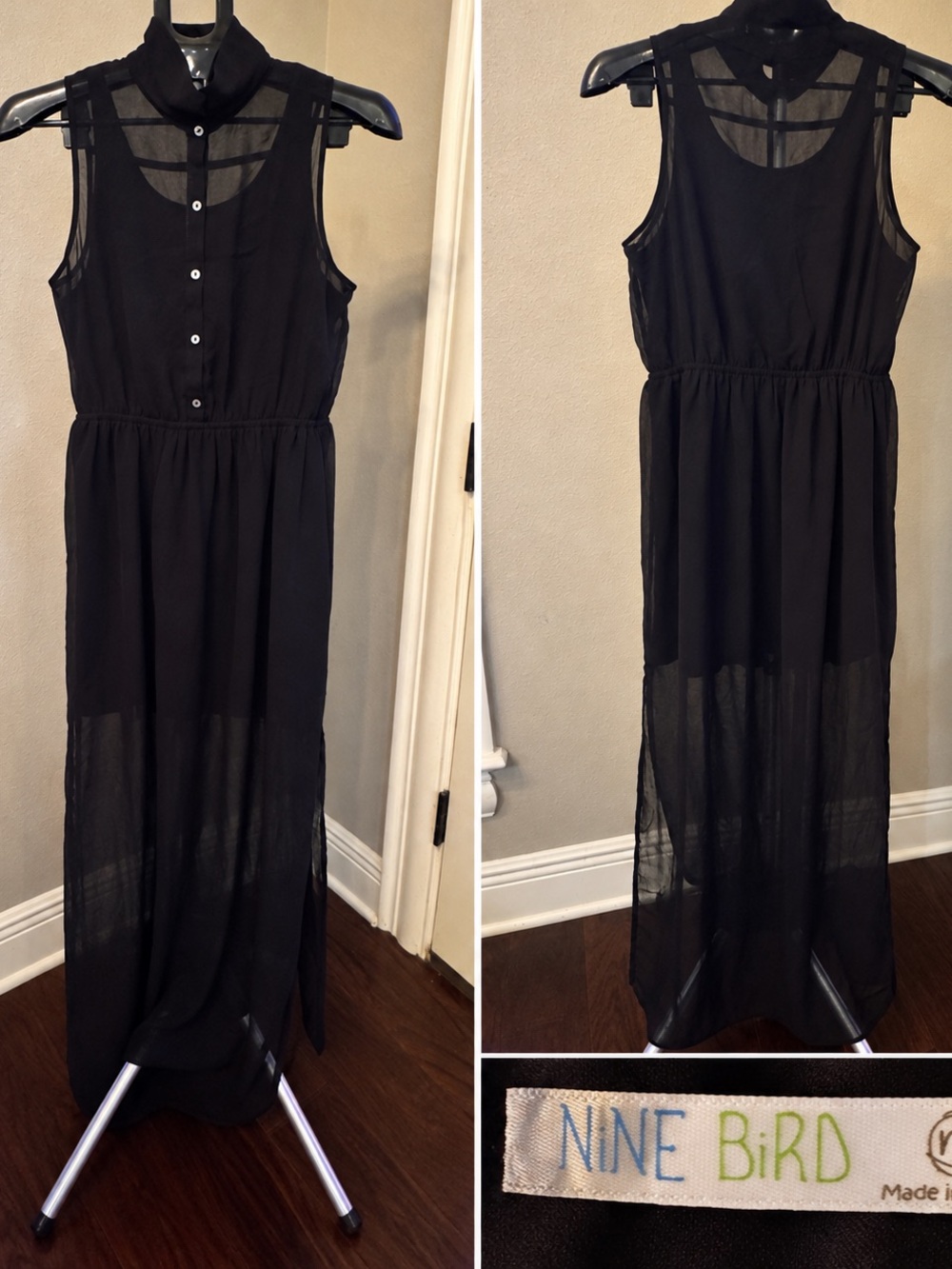 Nine Bird Black Sleeveless Maxi Dress with Sheer Overlay